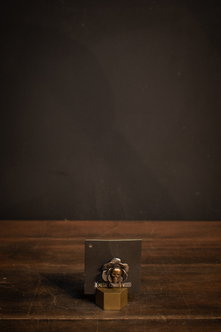 Sterling Silver Rose Brooch - Brass Skull