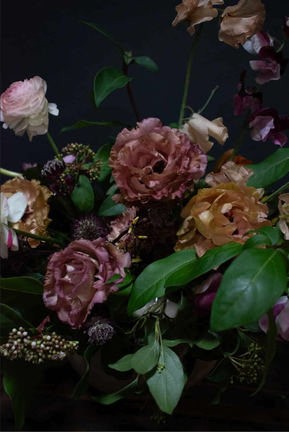 Dark closeup of romantic flowers
