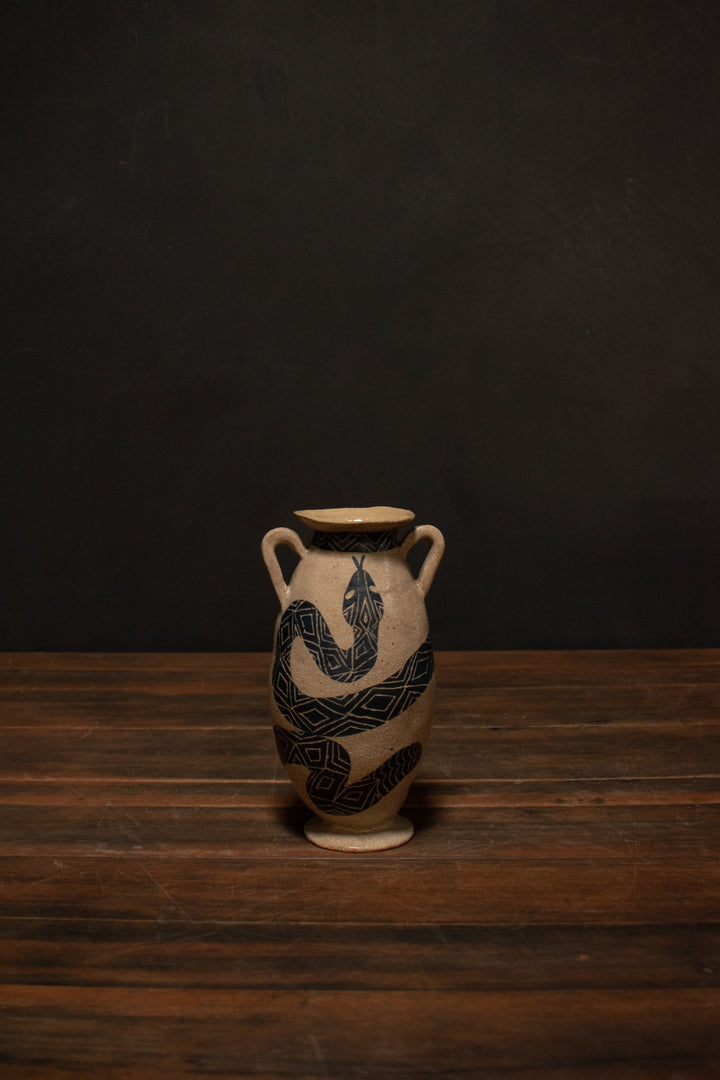 Serpent Urn Sits in front a black wall